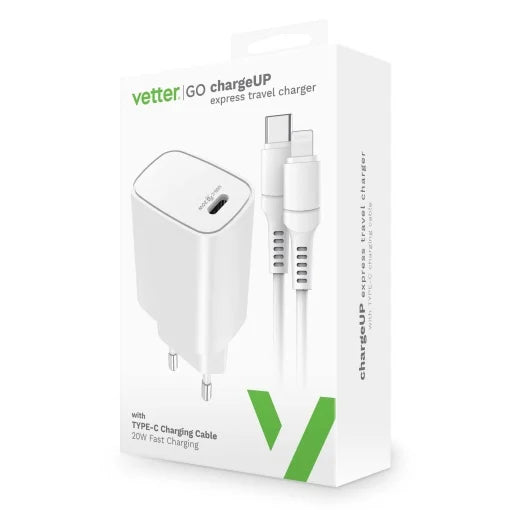 Incarcator Vetter chargeUP, Smart Travel Charger with Lightning Cable, Vetter Go, Power Delivery, 20W, Alb