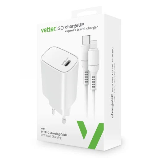 Incarcator Vetter chargeUP, Smart Travel Charger with Lightning Cable, Vetter Go, Power Delivery, 20W, Alb