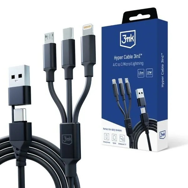 Cablu de date, 3MK, USB-A la USB-C / MicroUSB / Lightning, 1.5 m, Negru