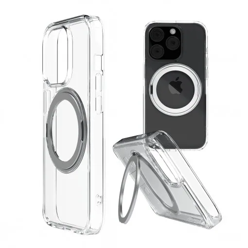 Husa iPhone 14 Pro Clip-On Crystal Compatibila MagSafe, Cleara, suport rotatie 360 grade
