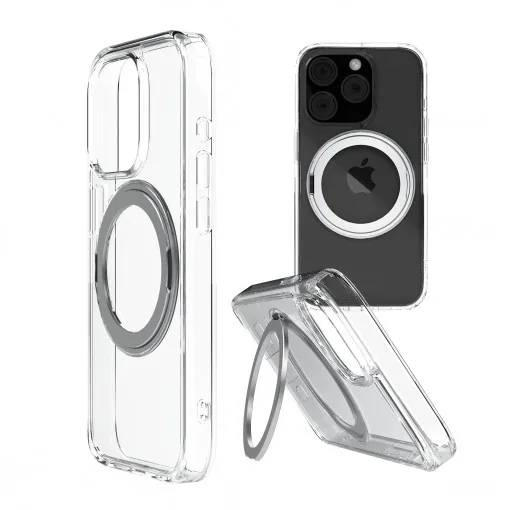 Husa iPhone 15 Pro Clip-On Crystal Compatibila MagSafe, with 360 degree rotating stand, Clear