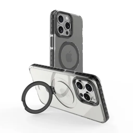 Husa iPhone 15 Pro Clip-On Crystal Compatibila MagSafe, with foldable stand, Negru