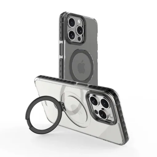 Husa iPhone 15 Pro Max Clip-On Crystal Compatibila MagSafe, with foldable stand, Negru
