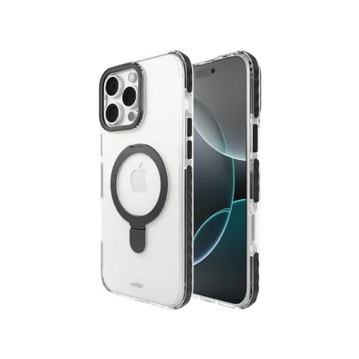 Husa iPhone 16 Pro Max, Clip-On Crystal MagSafe Compatible, with foldable stand, Transparent cu Negru