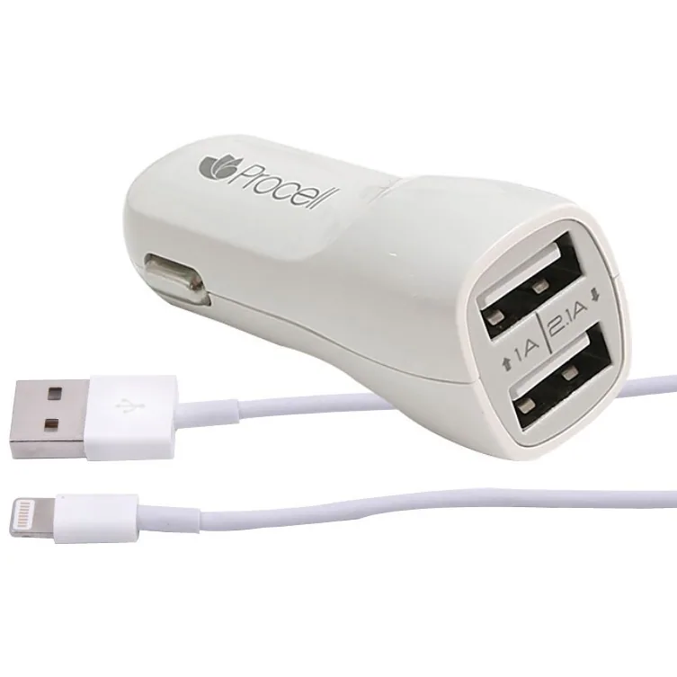 Incarcator Auto Procell Dual 2.1 USB tip Lightning, cablu MFI, 1m, Alb