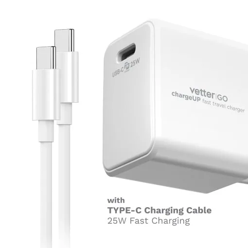 Incarcator chargeUP, Smart Travel Charger with Type-C Cable, Vetter Go, Power Delivery, 25W, Alb