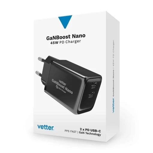 Incarcator Vetter GaNBoost Nano, 45W Travel Charger, 2x USB-C, PD and PPS, Negru